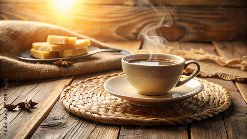 Warm morning beverage with sweet treat on rustic wood Warm morning beverage with sweet treat on rustic wood