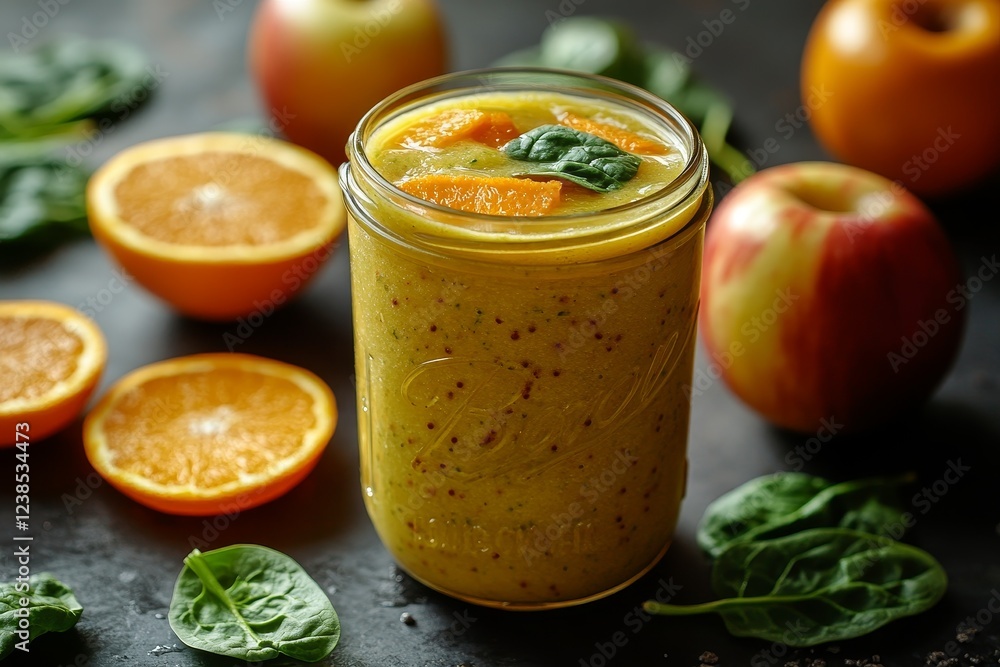 Healthy fruit smoothie with orange, apple & spinach Healthy fruit smoothie with orange, apple & spinach