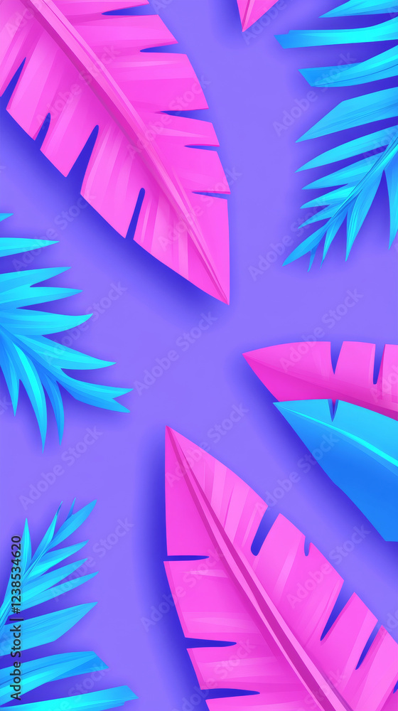 Naklejka premium Vibrant pink and blue tropical leaves on purple background
