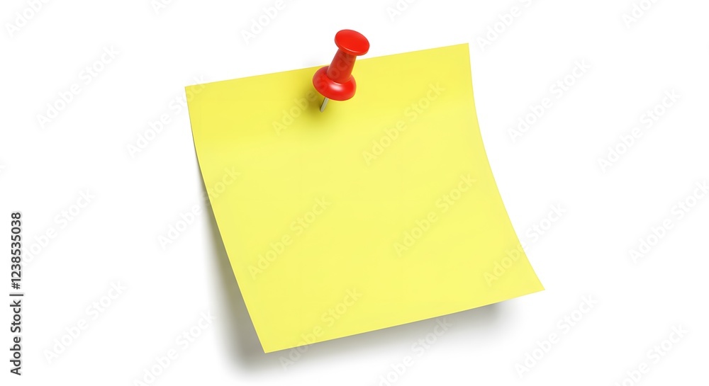 A bright yellow sticky note pinned to a white background with a red pushpin, isolated for clarity. A bright yellow sticky note pinned to a white background with a red pushpin, isolated for clarity.