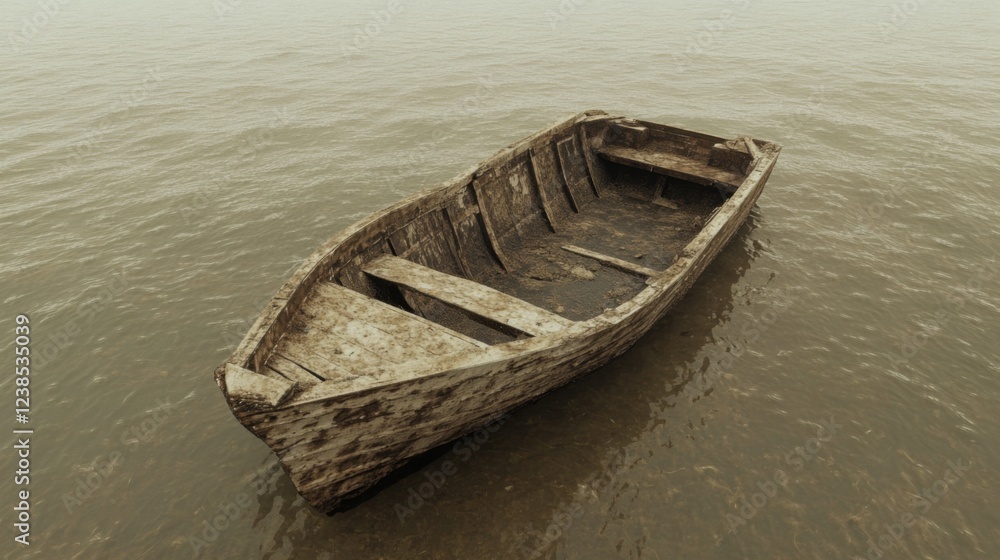 Old wooden rowboat adrift, calm water, foggy day, abandoned vessel, nautical imagery Old wooden rowboat adrift, calm water, foggy day, abandoned vessel, nautical imagery