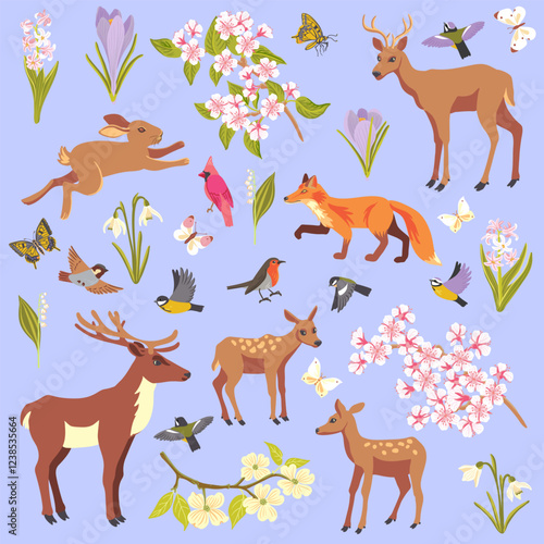 vector drawing spring butterflies, birds, animals and flowers,flowering tree branches, hand drawn illustration