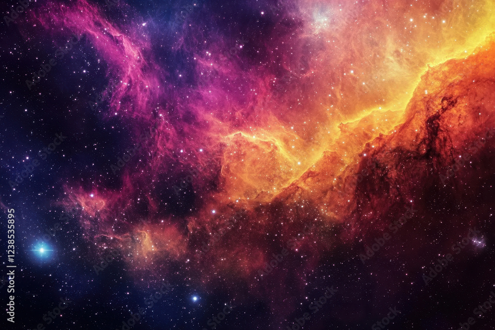 Fototapeta premium Dramatic deep-space nebula with radiant magenta and golden gaseous formations.
