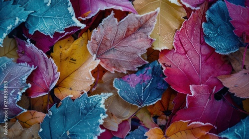 colorful leaves maple in hoarfrost in autumn or early winter flay lay arrangement on the floor park photo