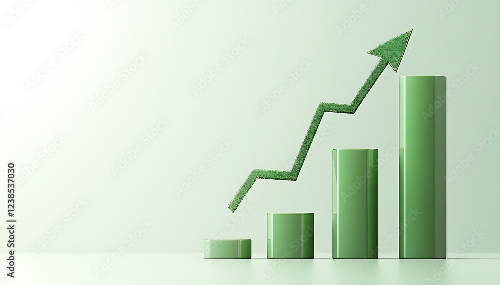 3D business icon of green bar chart growing arrow on a light green clear background with copy space 3D business icon of green bar chart growing arrow on a light green clear background with copy space