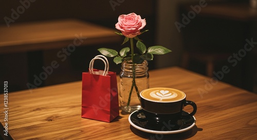 Rustic coffee shop date vibe latte art with a heart, a small gift bag in red, and a rose in a mason photo