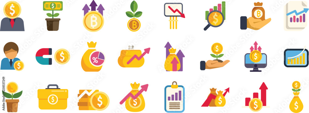 Set of icons representing return on investment, growing money, increasing profit, financial success, and fund management Set of icons representing return on investment, growing money, increasing profit, financial success, and fund management