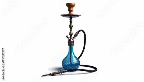 Blue Eastern, Turkish, Arabic, Persian glass and metal hookah, sketch vector illustration isolated on white background. Realistic hand-drawing of blue colored hookah, smoking attribute photo