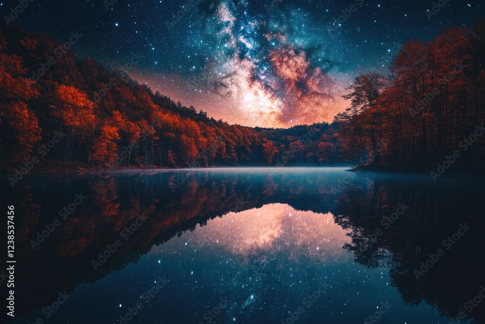 Milky Way galaxy reflected in a calm lake surrounded by autumnal trees at night. Milky Way galaxy reflected in a calm lake surrounded by autumnal trees at night.