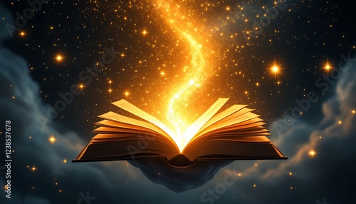 Magical Open Book with Glowing Stardust Fantasy Art photo