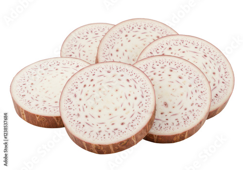 Taro, sliced of taro isolated on white background, no depth of field, sharp.