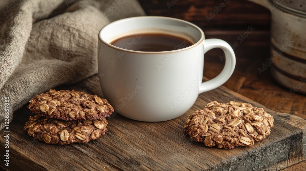 Coffee break Oatmeal cookies and coffee on rustic wood Coffee break Oatmeal cookies and coffee on rustic wood