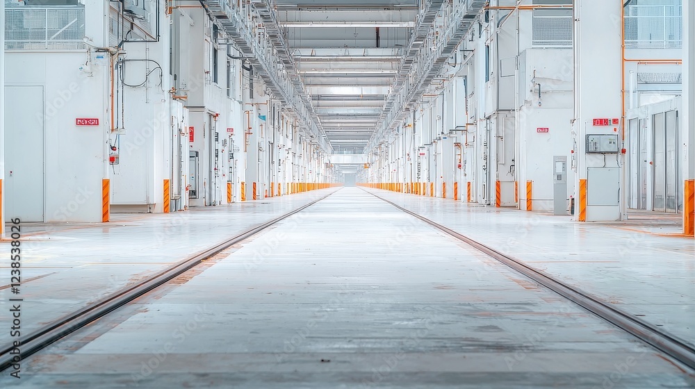 Obraz premium Forgotten Factory, an abandoned car manufacturing facility, rusted conveyor belts linger with unfinished frames, evoking a sense of desolation in a stark and minimalist environment.