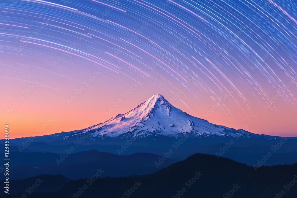 Majestic snow-capped mountain at sunset with vibrant star trails across a twilight sky. Majestic snow-capped mountain at sunset with vibrant star trails across a twilight sky.