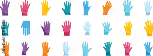 Set of colorful protective gloves icons representing various hand protection gear for different industries and purposes