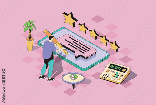 Best feedback web concept in 3d isometric graphic design. Isometry people scene with man customer leaving reviews and comments, evaluating service, give rating with five stars. Vector illustration.