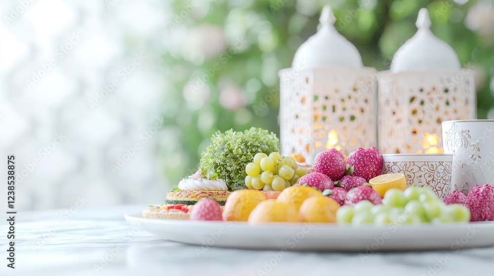 Naklejka premium Festive fruit platter, lanterns, spring background; Eid celebration