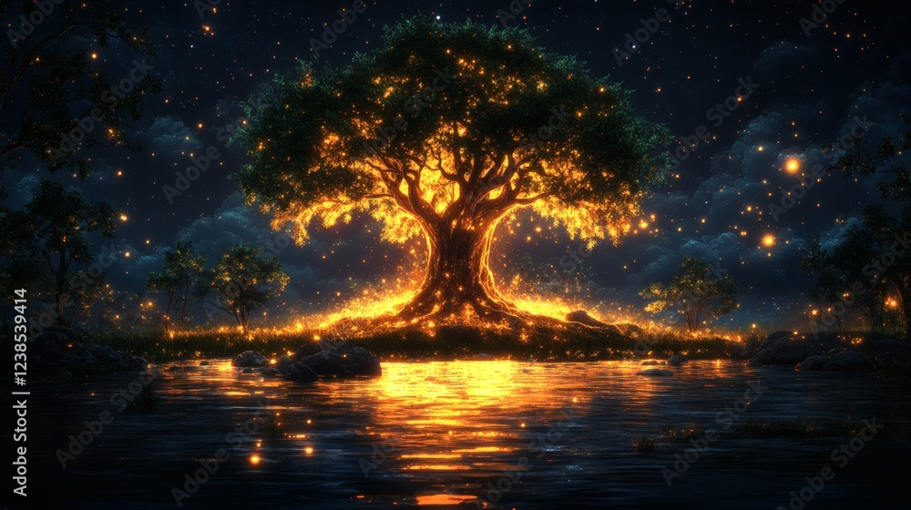 custom made wallpaper toronto digitalLuminous Tree: A Mystical Night Scene in Golden Hues