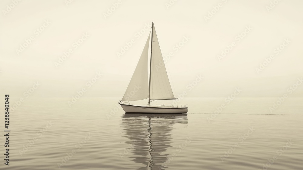 Fototapeta premium Sailboat gliding on calm sea, misty background, peaceful scene, travel imagery