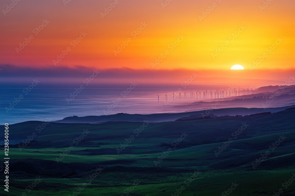 Sunset over rolling hills and a line of wind turbines near the ocean. Sunset over rolling hills and a line of wind turbines near the ocean.