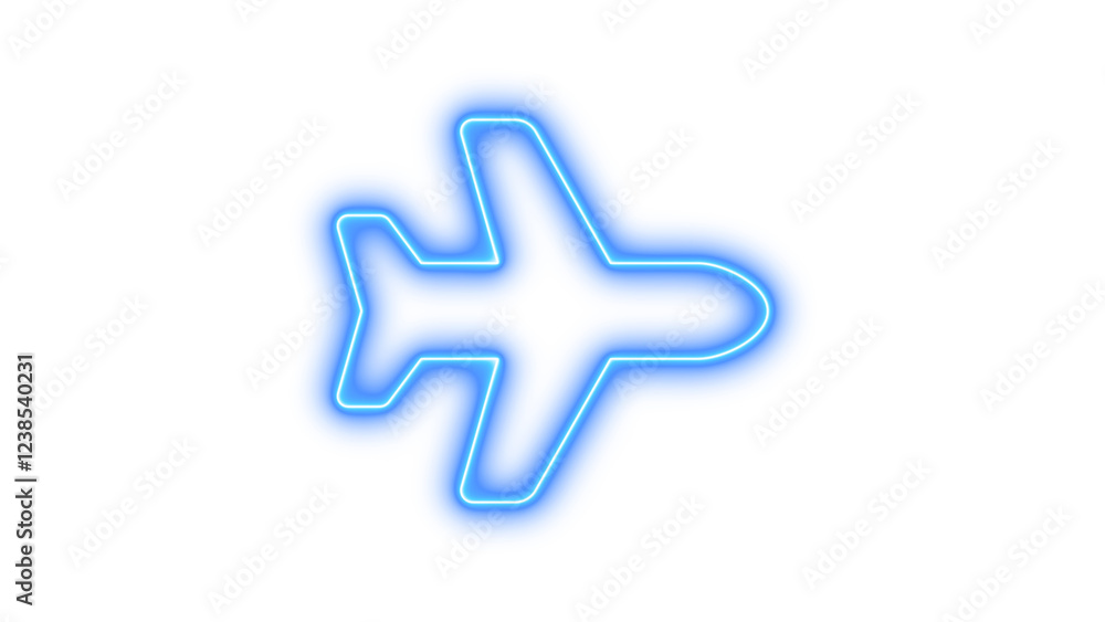 Fototapeta premium Neon symbol plane icon blue color glow with transparent background