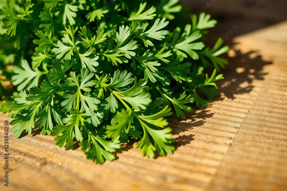 Fresh Parsley Leaves on Wooden Surface Fresh Parsley Leaves on Wooden Surface