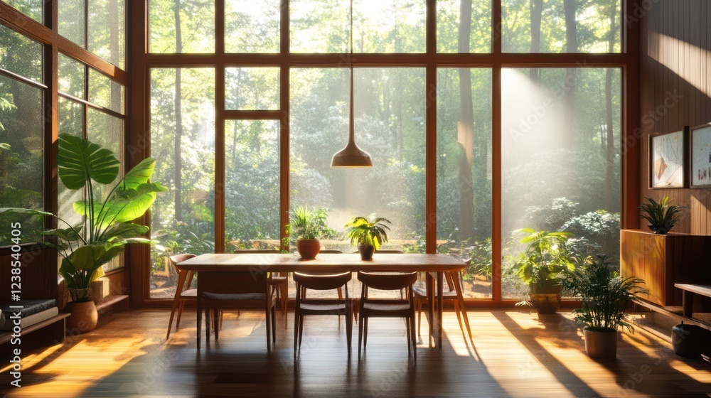 Fototapeta premium A spacious sunlit dining area with simple wood furniture, potted plants, and large windows