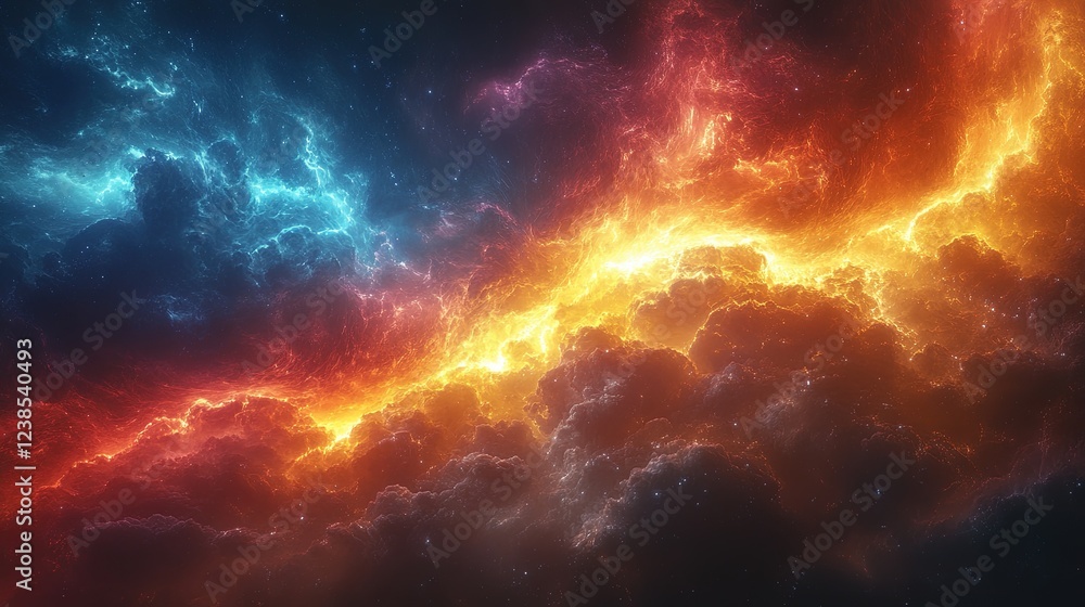 Fototapeta premium Fiery cosmic clouds with blue and orange in space, for abstract backgrounds