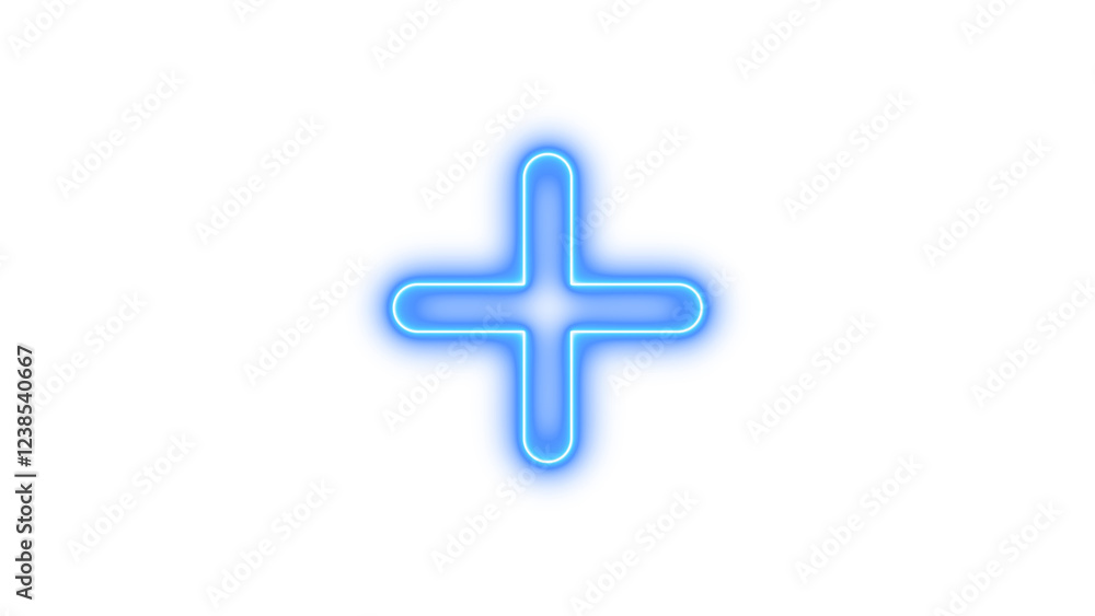 Fototapeta premium Neon symbol plus icon blue color glow with transparent background