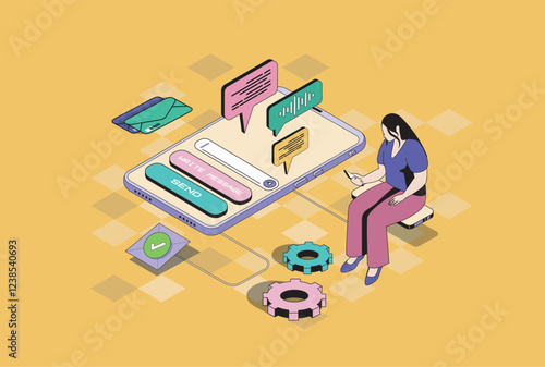 Messaging services web concept in 3d isometric graphic design. Isometry people scene with woman using mobile app for sending emails, chatting with friends, commenting online. Vector illustration.