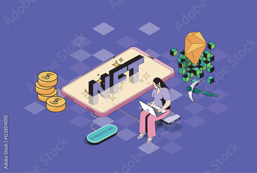 NFT token web concept in 3d isometric graphic design. Isometry people scene with woman buying virtual art paintings and electronic crypto artworks at online gallery marketplace. Vector illustration.