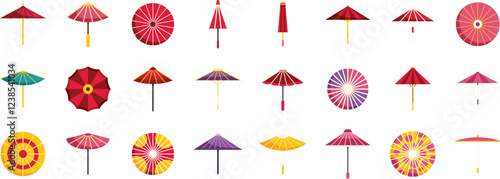 Collection of colorful japanese umbrellas representing traditional asian craftsmanship and cultural heritage