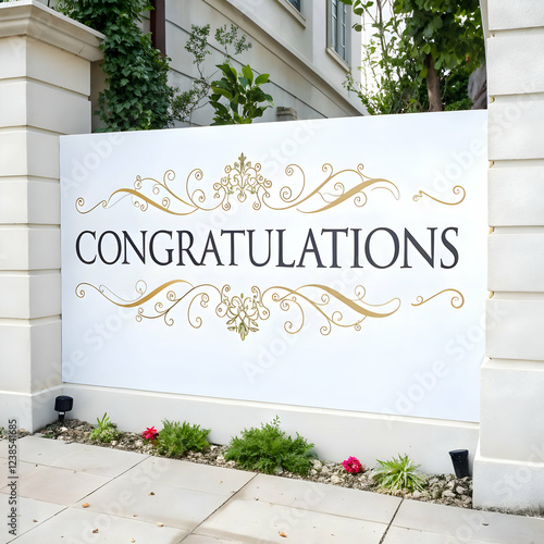 Elegant congratulations sign outdoor white background gold design card event party floral swirls
