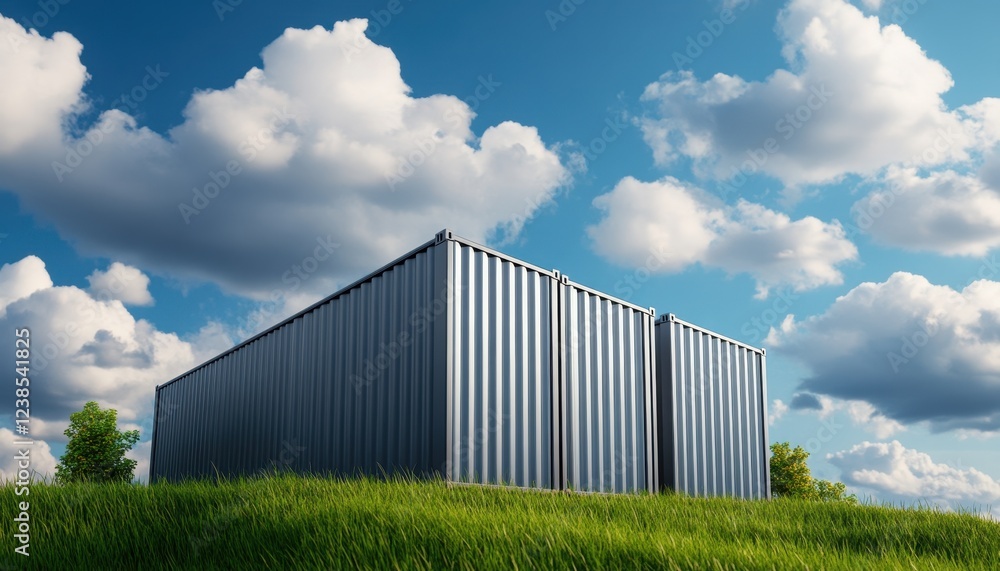 Fototapeta premium Three Shipping Containers on a Grassy Hill Under a Blue Sky