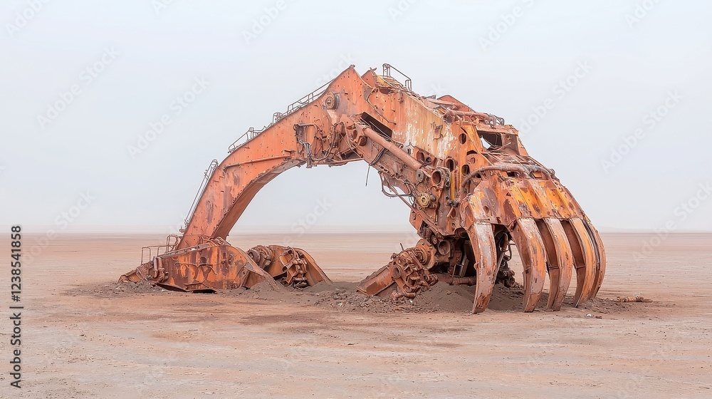 Fototapeta premium Abandoned Machinery in Decay, Heavy machinery partially disassembled, rust and wear visible, hydraulic systems exposed, set in a sparse, empty lot with a minimalist ambiance