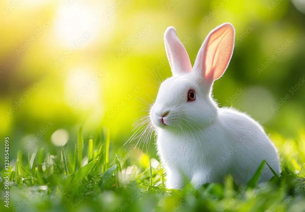 Adorable white rabbit sitting in vibrant green grass, illuminated by warm sunlight. Soft focus background enhances the fluffy texture of the bunny Adorable white rabbit sitting in vibrant green grass, illuminated by warm sunlight. Soft focus background enhances the fluffy texture of the bunny