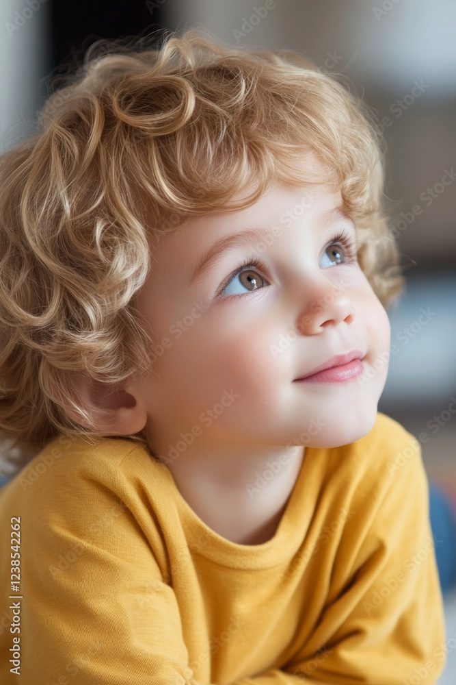 Charming young child gazes thoughtfully while sitting indoors amid a colorful and playful background, capturing a moment of innocence and wonder Charming young child gazes thoughtfully while sitting indoors amid a colorful and playful background, capturing a moment of innocence and wonder