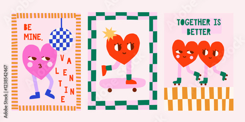 Cute cutout style Valentine's Day vector cards. Hand drawn simple groovy illustrations set with playful frames, heart character on skateboard, rollers, disco