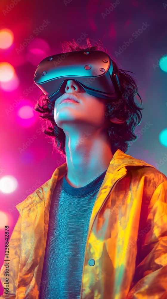 Obraz premium A young person experiences immersive virtual reality, surrounded by vibrant, colorful lights.