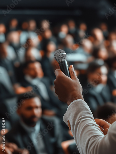 A microphone is held by a person in front of a crowd
