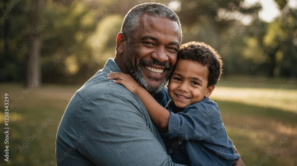 Joyful grandfather embraces grandson in a serene outdoor park during golden hour Joyful grandfather embraces grandson in a serene outdoor park during golden hour