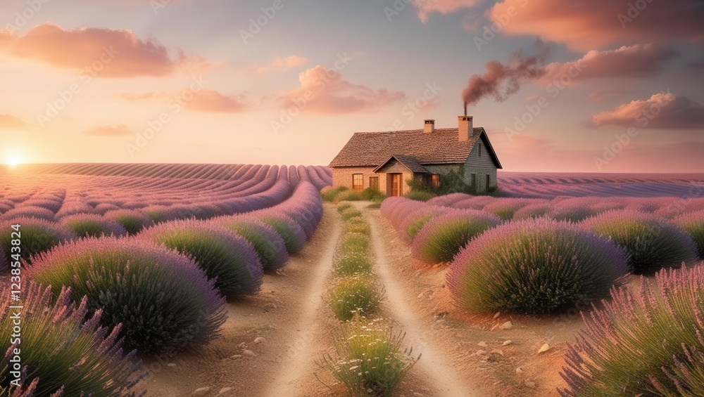 Fototapeta premium Lavender harvesting at a charming cottage lavender field landscape photography sunset view