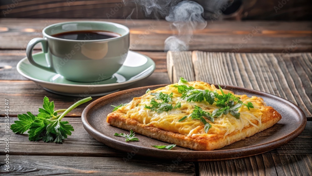 Fototapeta premium A crispy golden brown breakfast dish on a plate with steaming hot coffee next to it