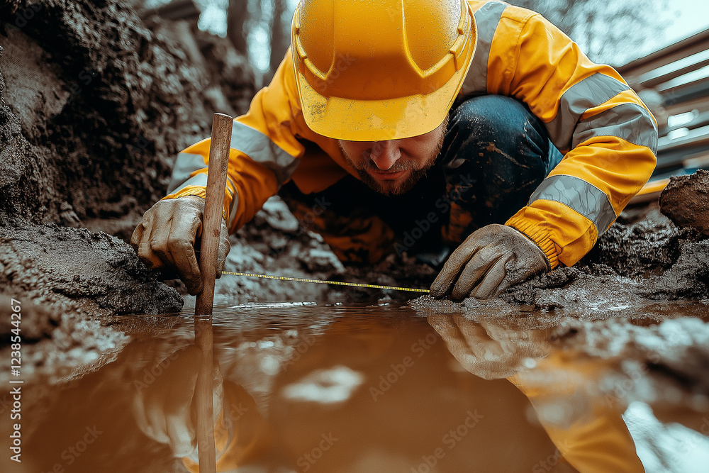 A man in a yellow jacket is digging in the mud with a stick A man in a yellow jacket is digging in the mud with a stick