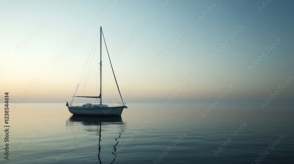 Calm sailboat at sunrise, ocean background, travel poster Calm sailboat at sunrise, ocean background, travel poster