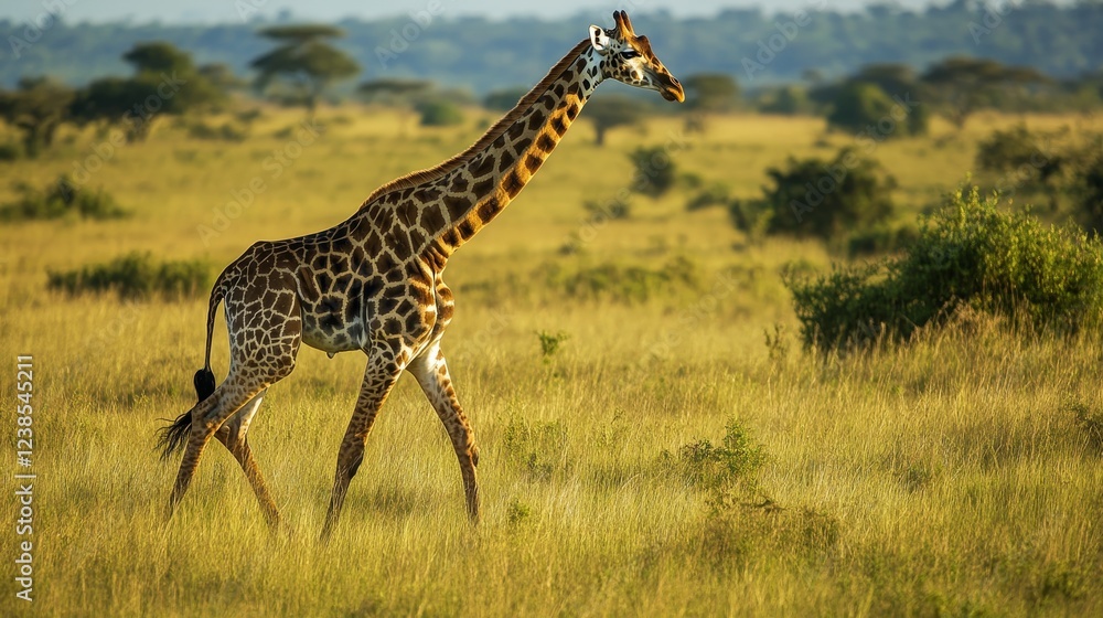 Giraffe elegantly navigating the savannah, showcasing its majestic neck amidst lush wilderness Giraffe elegantly navigating the savannah, showcasing its majestic neck amidst lush wilderness