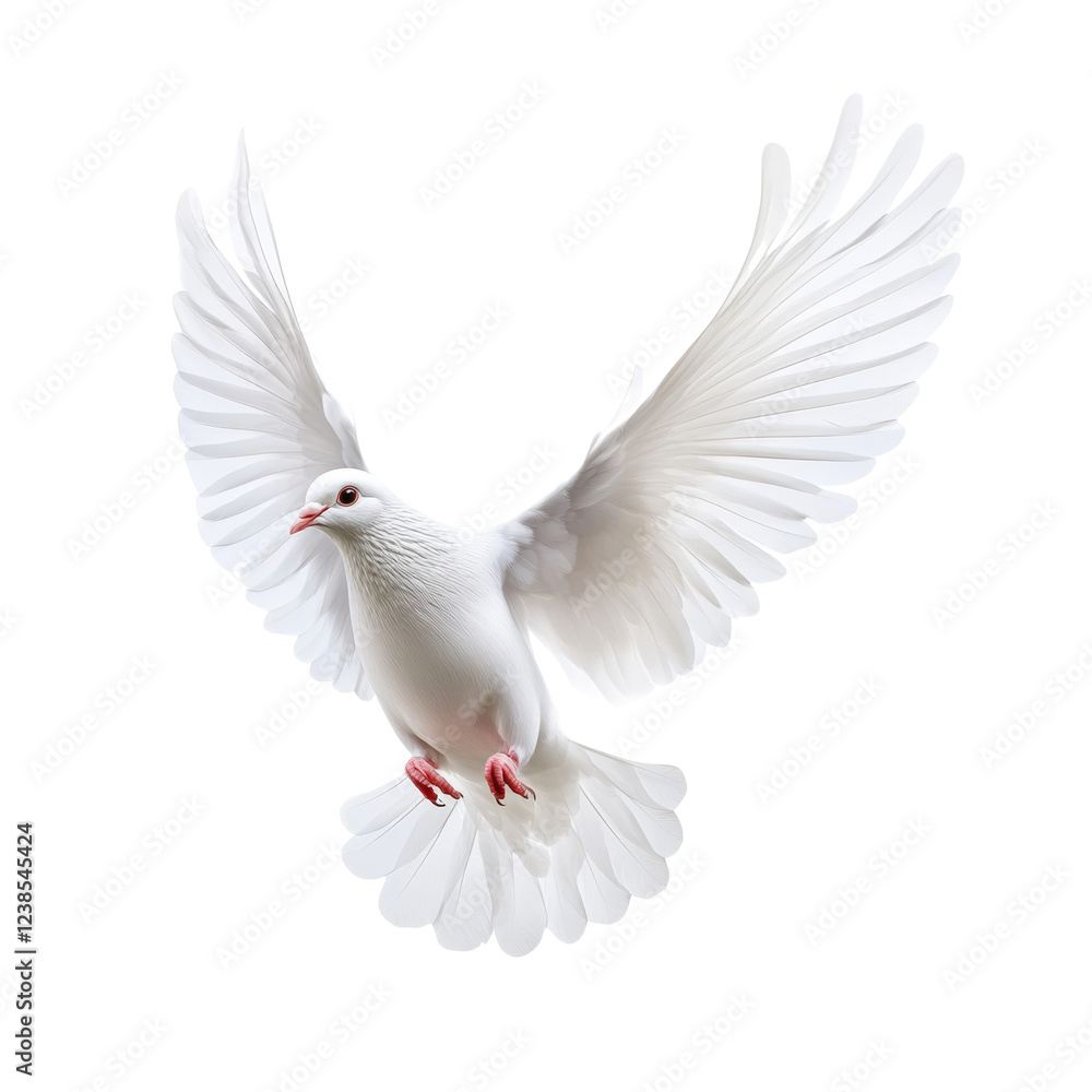 A pristine white dove soars majestically, its wings fully extended in mid-flight against a black background. A pristine white dove soars majestically, its wings fully extended in mid-flight against a black background.
