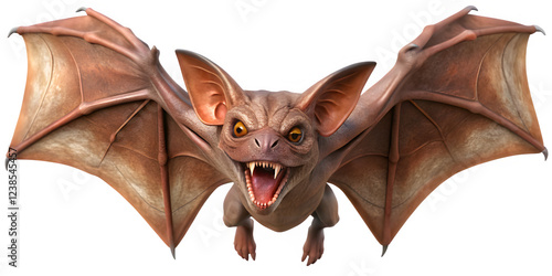 A terrifying Camazotz, the Mayan bat god, with a bat-like head and wings as wide as a small house. Isolated on a white background. For Gaming and Fantasy projects.
 photo