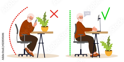 Correct good position vs bad incorrect posture for holding and talking with PHONE. Right and wrong flowerpot. Right and wrong back, neck and legs poses of Old man, elderly person at workplace. Vector 