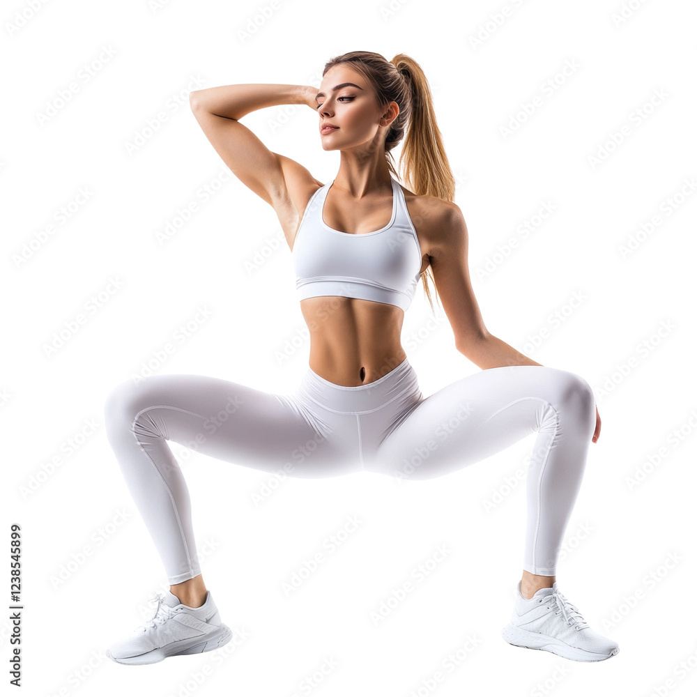 Fototapeta premium A young athletic woman in white sportswear is posing in a low squat, showcasing her fitness and healthy lifestyle.